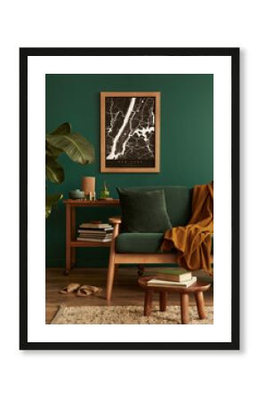 Stylish living room in house with modern retro interior design, velvet sofa, carpet on floor, brown wooden furniture, plants, poster mock up map, book, lamp and perosnal accessories in home decor.
