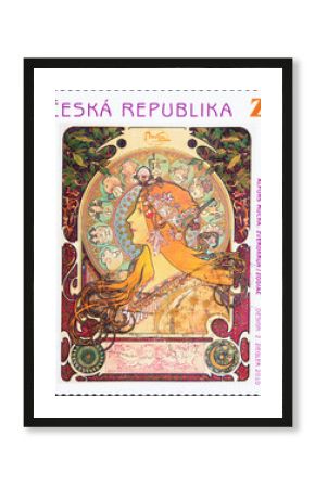 Illustration of Zodiac by Alfonse Mucha on postage stamp 