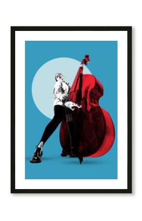 Stylish woman stretching leg dramatically while playing red double bass on turquoise circle background in modern poster style. Concept of music, jazz, festival, concert. Poster, ad. Photocopy effect