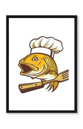 Chef fish on knife and fork, food, restaurant, logo design, kitchen, cooking, graphic, illustration