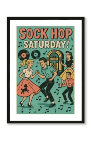 1950s Sock Hop Dance Party Poster with Teens, Poodle Skirts, Jukebox, and Music Notes - Retro Mid-Century Style Flyer Illustration