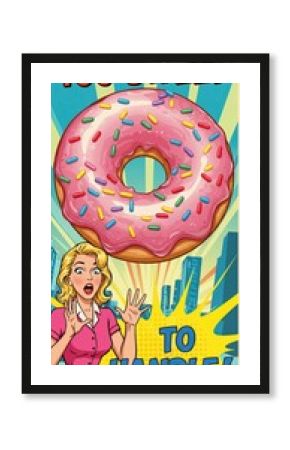 Retro pop art style poster with giant pink donut and surprised woman for comic design