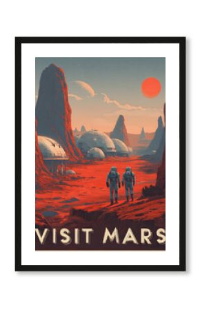 Futuristic Sci-Fi Poster of Mars - Retro Travel Print Featuring Red Planet and Astronauts