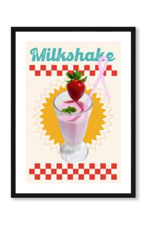 Retro art collage. Pink strawberry milkshake in tall glass with fresh mint leaves, strawberry topping and looped straw on yellow background. Concept of street food, snack, refreshment, sweet treat.