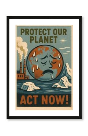 Vintage Climate Change Poster Earth Melting Pollution Industrial Smokestacks Global Warming Crying Planet Environmental Awareness Mid Century Retro Illustration Distressed Texture