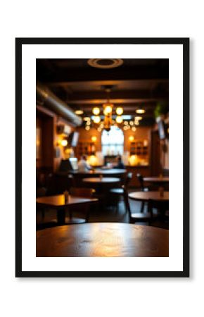 Wooden round table and pub or bar blur background vertical