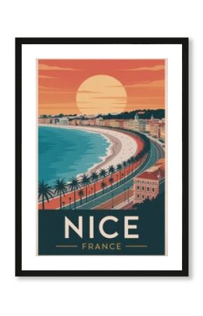 Vintage Travel Poster of Nice, France with Beachfront Promenade and Colorful Old Town