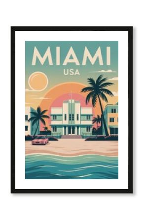 Vintage Travel Poster of Art Deco Beachfront and Skyline, Miami, USA  