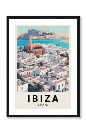 Retro Travel Poster of Ibiza with Mediterranean Architecture and Seaside View, Spain