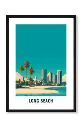Long Beach, California USA illustrated poster in retro style. Vintage travel booklet, brochure, postcard, print, cover with skyline