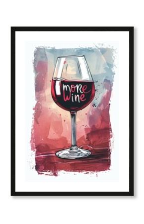 Glass with red wine and text more wine on retro poster. Alcoholic drink for party or bar menu. Grunge drawing illustration.