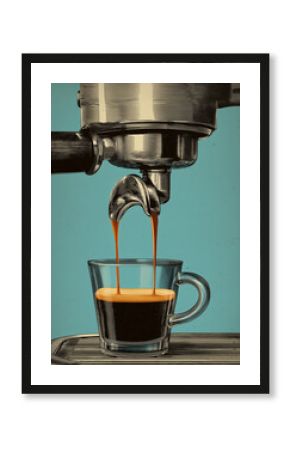 Close-up of coffee pouring from a espresso bar machine into a glass cup, retro-style poster with textured background, vintage flat lay illustration