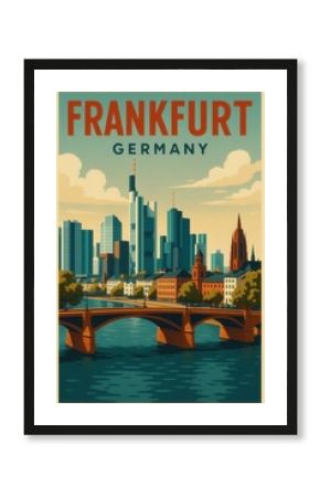 Retro style travel poster of Frankfurt Germany showing the modern city skyline and traditional old town architecture with a bridge over the Main river