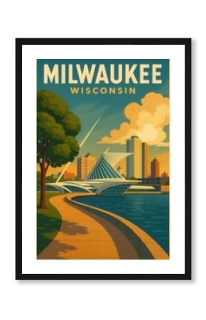 Artistic vintage poster of Milwaukee Wisconsin featuring the Milwaukee Art Museum with a pedestrian path along the lakefront and city skyline in the background
