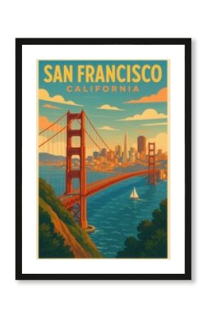 Illustration of the Golden Gate Bridge stretching across water with sailboat and San Francisco skyline in the background under a colorful sky in California
