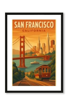 Retro poster artwork of San Francisco showing a cable car descending a hill with the Golden Gate Bridge and iconic skyline under a warm orange sky in California