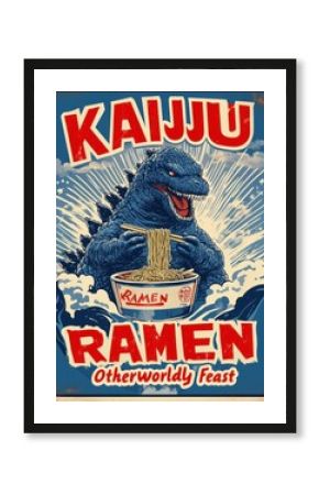 Blue Giant Monster Eating Ramen Noodles in Retro Comic Style Illustration Poster