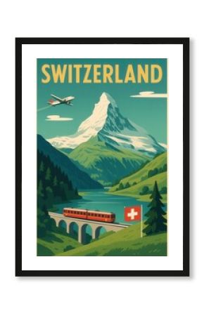 Retro-style illustration of a train passing through a valley beneath the Matterhorn mountain with a Swiss flag and airplane overhead in Switzerland