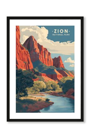 A vibrant, retro-style travel poster. A stylized travel poster for a famous city or national park, designed in a bold, colorful, retro graphic art style from the mid-20th century. 