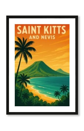 Stylized sunset poster of Saint Kitts and Nevis with silhouettes of palm trees, golden beach curving around ocean bay, and green volcano beneath orange sky and clouds