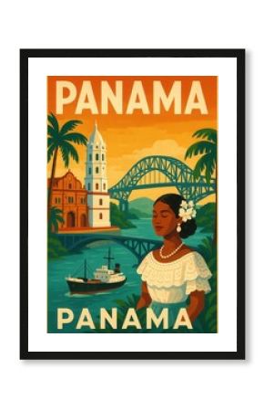 A retro-style poster of Panama featuring a woman in traditional dress, colonial buildings, a bridge over the canal, a ship, palm trees, and a scenic tropical landscape
