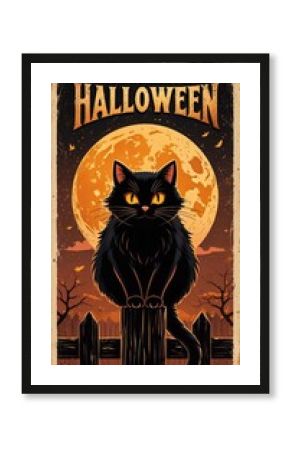 Halloween poster of black cat with glowing eyes and spooky vintage orange moon behind. Creepy seasonal design. Generative AI.