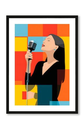 mid-century pop poster with flat pop singer graphic and colorful blocks, retro stage microphone