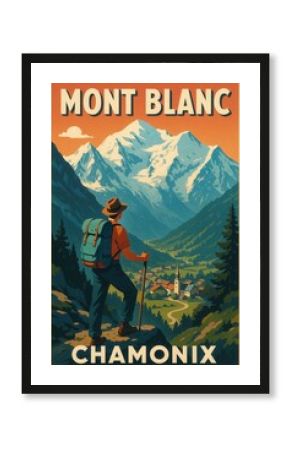 Retro-style travel poster of Mont Blanc in Chamonix featuring a hiker with backpack overlooking a mountain village and snow-covered peaks under a warm sky