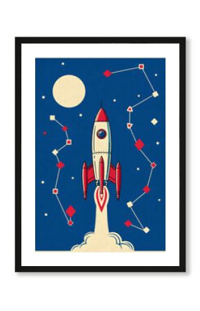 A retro-style poster of a rocket launching into space with constellations and the moon