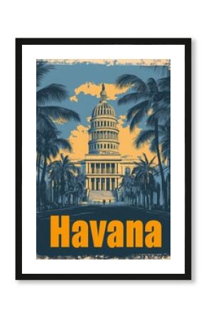 This vintage travel poster invites viewers to discover the charm of Havana, showcasing its iconic architecture surrounded by lush palm trees, embodying a sense of nostalgia for the vibrant city.