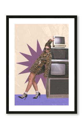 Stylish woman in leopard print coat, leaning against stack of retro TVs. Bold 90s look, blending style with retro tech. Contemporary art collage. Concept of y2k art, generation, youth culture, fashion