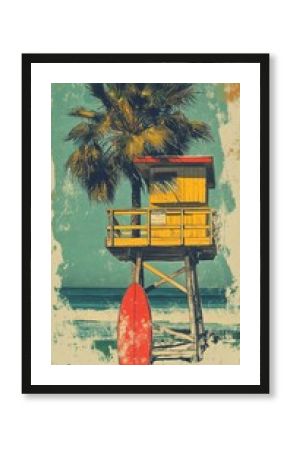 Vintage-style illustration of a vibrant yellow lifeguard tower with red roof, palm tree, and surfboard against a teal background, evoking retro beach vibes.