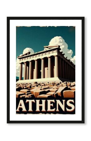 A vintage-style poster featuring the iconic Parthenon in Athens, set against a backdrop of dramatic, fluffy clouds. Represents historical architecture and travel inspiration