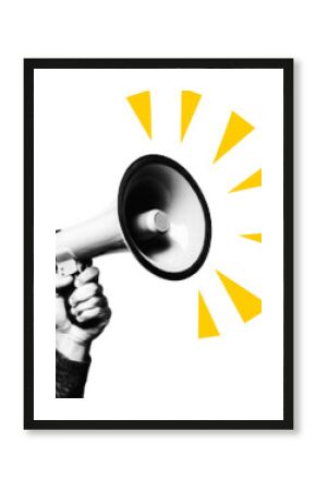Advertising megaphone in hand transparent background, collage element sound symbols, Megaphone in hand bitmap Y2K collage element