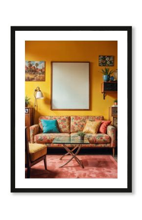 Mock up poster frame in retro style interior background, living room, minimalistic style, template