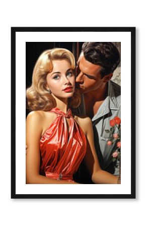 Portrait of a beautiful romantic couple in love. Man and woman. Vintage illustration in comic style. Movie poster in 1950s style.