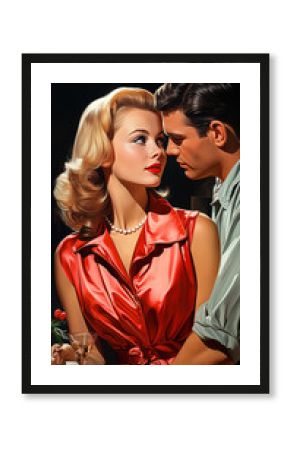 Portrait of a beautiful romantic couple in love. Man and woman. Vintage illustration in comic style. Movie poster in 1950s style.
