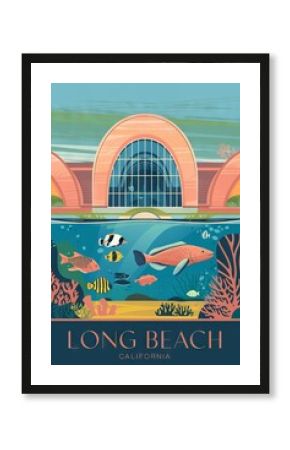 Vintage Travel Poster: Long Beach, California - A Retro Seascape Featuring Colorful Marine Life and Iconic Aquarium Architecture