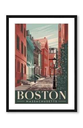 Vintage Travel Poster of Boston, Massachusetts: Charming Cobblestone Streets and Historic Architecture in Retro Color Palette