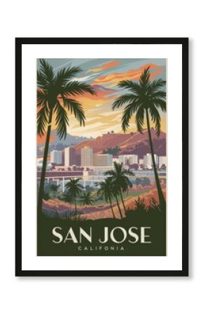 Vintage Travel Poster of San Jose, California, Featuring Lush Palm Trees, Scenic Mountain Backdrop, and a Vibrant Sunset Sky in Retro Style