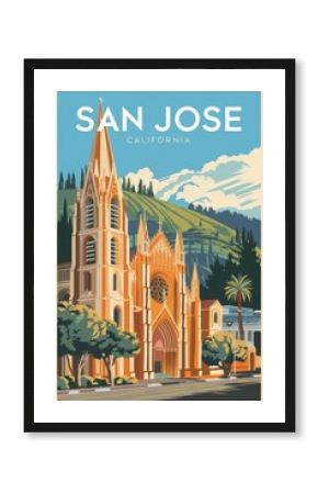 Vintage Travel Poster of San Jose, California: A Charming Art Deco Illustration Showcasing Iconic Architecture and Scenic Hills in Vibrant Colors