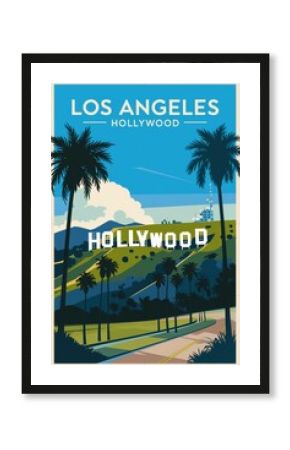 Vintage Travel Poster: Explore Los Angeles with its Iconic Hollywood Hills, Lush Palm Trees, and Retro Design â€“ A Nostalgic Tribute to Californias Glamour