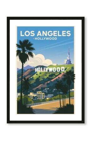 Vintage Travel Poster: Explore the Enchantment of Los Angeles - Hollywood Hills, Palm Trees, and Iconic Landmarks Await Your Adventure