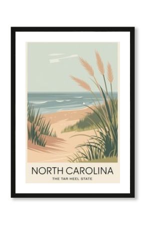 Vintage Travel Poster of North Carolina: Serene Coastal Landscape with Beach Grass, Evoking Nostalgic Journeys to The Tar Heel States Shores.