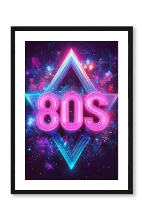 80s Neon Retro Background with Glowing Pink and Blue Letters Stars and Sparkles