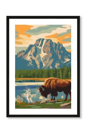 Illustration of yellowstone national park in wyoming colorful retro style poster background