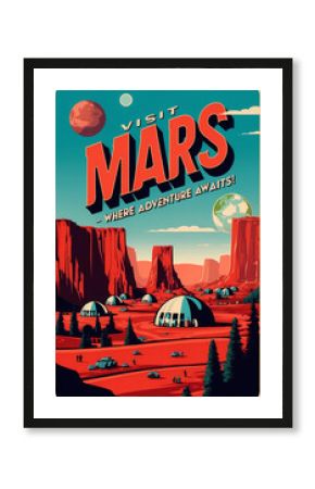 Retro Travel Poster For Mars Tourism With Scenic Red Landscapes 