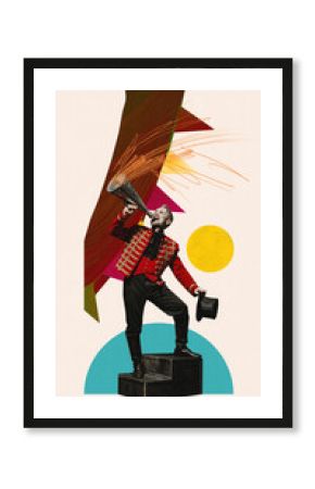Man in red jacket shouting in vintage megaphone to announce, surrounded by colorful abstract shapes and theatrical curtains. Contemporary art collage. Concept of retro circus, performance, fantasy