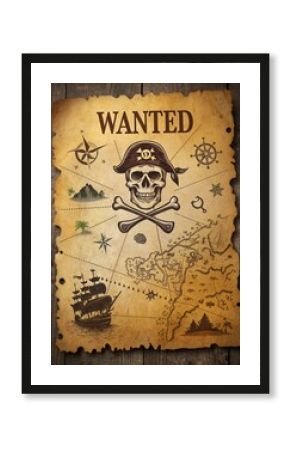 Antique Pirate Wanted Poster Featuring Skull and Crossbones with Treasure Map