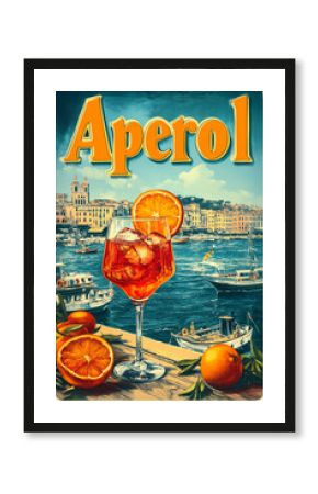 Vintage Aperol Poster: A Mediterranean Escape. Classic Aperol Advertisement with Italian Vibes. Retro Citrus Cocktail Art by the Sea. Aperol Harbor Illustration: Sunset Refreshment